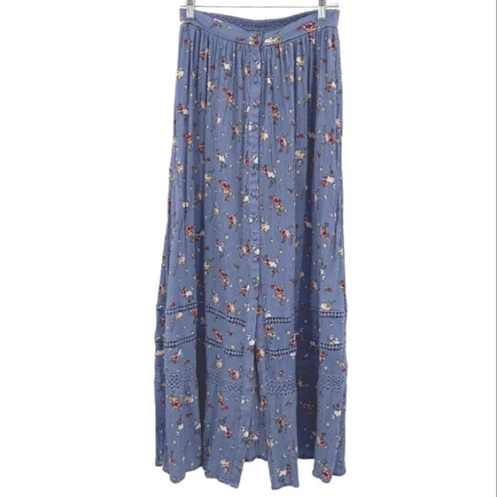 VINTAGE Cottagecore Lace Panel Detail Floral Creped Button Down Maxi Skirt S - Picture 1 of 10